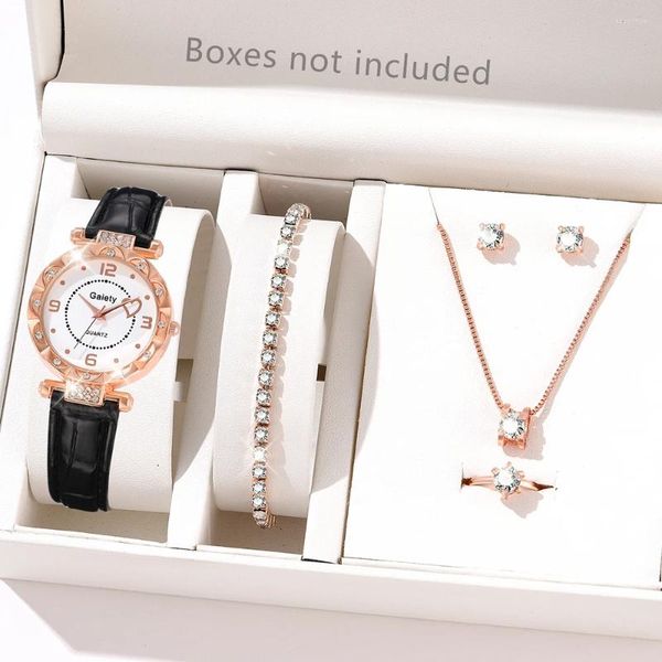 Montre-bracelets 6pcs / set Luxury Watch Watch Femme's Ring Collier Boucles Bracelet Water Diamond Fashion décontractée