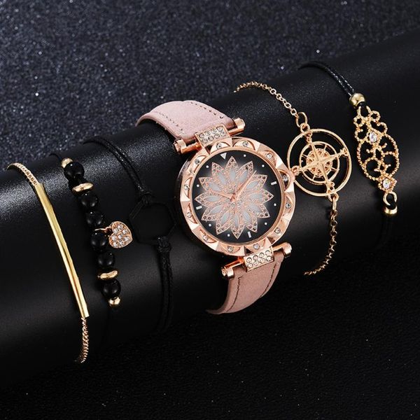 Relojes de pulsera 6 unids / set Relojes de lujo para mujer Flores de moda Diamante Pulsera para mujer Reloj Vestido de cuero casual Muñeca de cuarzo