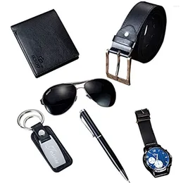 Horloges 6 stks/set Man Horloges Set Geschenkdoos Zwart Lederen Riem Portemonnee Sleutelhanger Pen Zonnebril Horloge Voor Mannen Vriendje Echtgenoot Vader