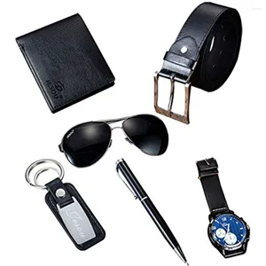 Relojes de pulsera 6 unids / set Relojes de hombre Set Caja de regalos Cinturón de cuero negro Monedero Llavero Pluma Gafas de sol Reloj para hombres Novio Marido Papá