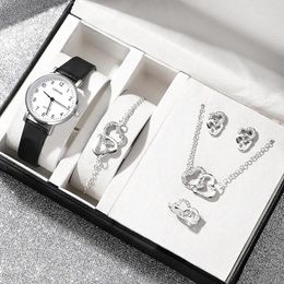 Polshorloges 6pcs set Silvery Luxury Watch Women Ring Necklace Earring Rhinestone Fashion Polshipwatch Casual Ladies Bracelet Watches