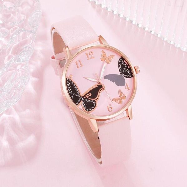Relojes de pulsera 6 unids / set Mujeres Mariposa Dial Reloj Diseño de marca Reloj femenino Banda de cuero rosa Relojes de mujer Moda Casual Cuarzo