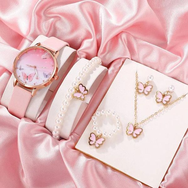 Relojes de pulsera 6 unids / set Relojes para mujer Pink Butterfly Cuarzo Relogio Luxury Ladies Regalo de cuero Reloj para niñas