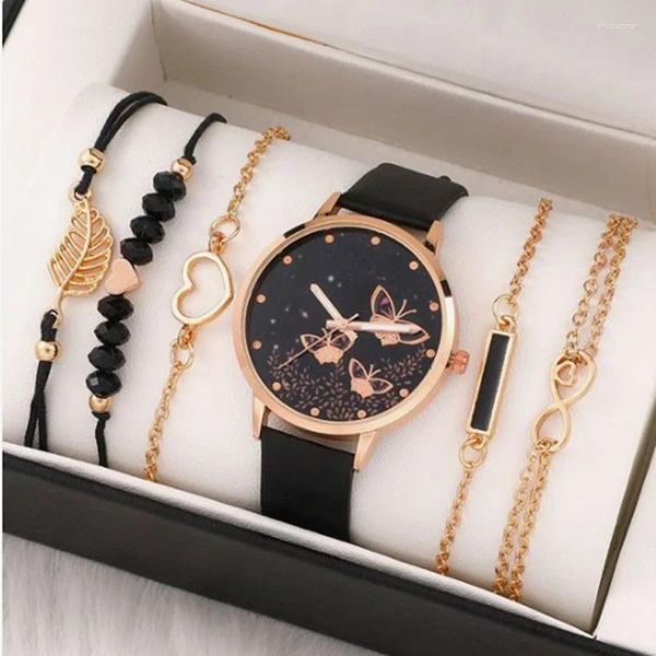 Montres-bracelets 6pcs Set Femmes Montres Dames Mode Papillon Bracelet Montre Simple Casual Femmes Analogique Montre-Bracelet Cadeau Sans Boîte