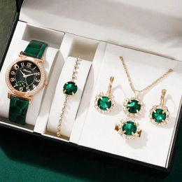 Montre-bracelets 6pcs Set Femmes Regardez Luxury Female Corloge de luxe Quartz Wristwatch Green Dial Fashion Dames Wrist Watch Relogio Feminino
