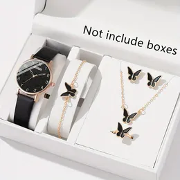 Montre-bracelets 6 pcs ensembles de luxe en cuir noir de luxe, cadran papillon avec quartz wristwatch pour femmes Bracelet Collier Bracelet