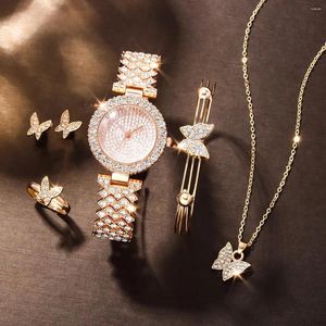 Polshorloges 6pcs damesmode trend luxe strass Roman Quartz Watch Butterfly ketting ring armband cadeau set