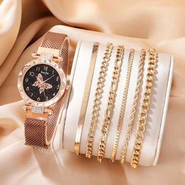 Polshorloges 7 st. Set dames rose gouden luxe kwarts kijken mode polshorloge casual dames horloges armband clock montre femme