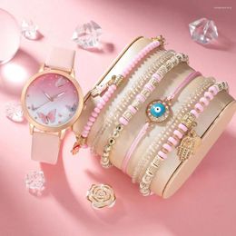 Polshorloges 7 stcs dameshorloge mode casual roze lederen vlinder kwarts armband