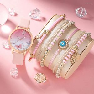 Montre-bracelets 7pcs Warm's Watch Set Fashion Bracelet de quartz en cuir rose décontracté en cuir rose décontracté