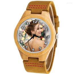 Montre-bracelets A3315W Watch Logo Watch Print avec votre propre horloge en bambou en bois naturel PO cadeau à la main pour Girl Women Femme Wristwatch