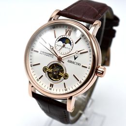 Relojes de pulsera ABBACINO 2021 Moda para hombre Esqueleto de cuero Relojes Tourbillon Fecha automática Regalos mecánicos para Navidad