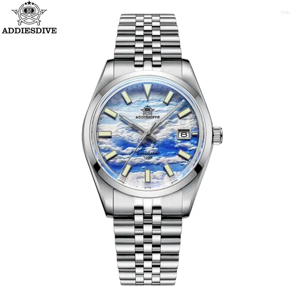 Montre-bracelets AdiesDive NH35 Automatic Watch Men Mécanique montre la bracelet 39 mm Miroir de bulle de cadran de mer Cloud 3D 10bar Reloj