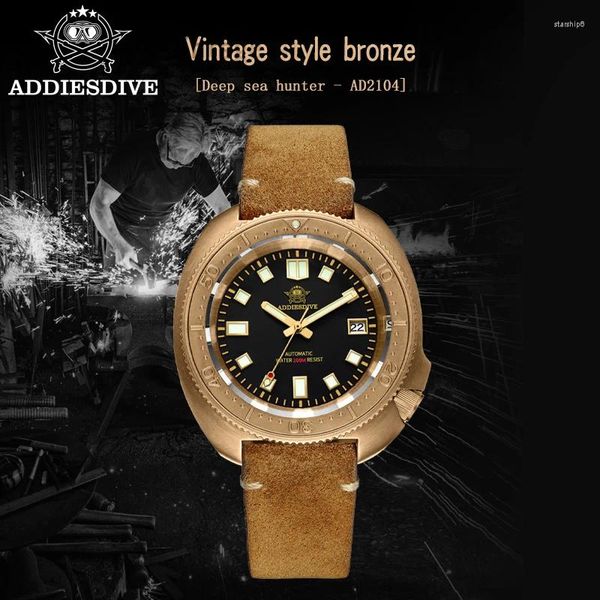 Relojes de pulsera ADDIESDIVE Top Brand CUSN 8 Caja de bronce Reloj para hombres C3 Super Luminoso Cristal de zafiro 20Bar Impermeable Mecánico automático