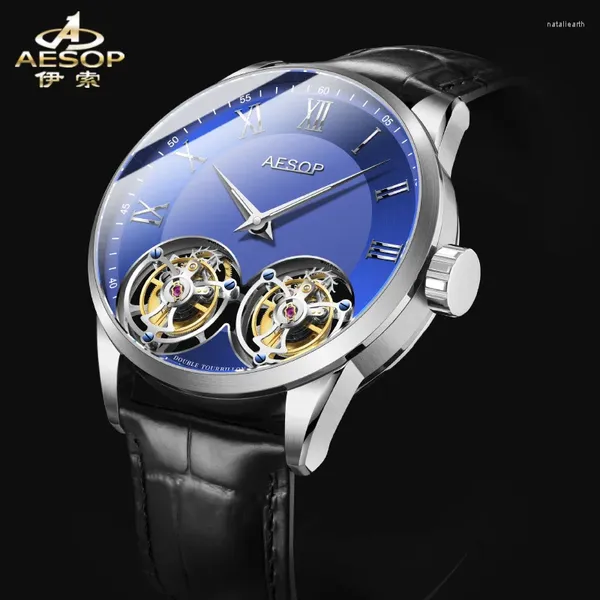 Montres-bracelets AESOP Double Tourbillon Montre mécanique pour homme Manuel en acier inoxydable Saphir lumineux Hommes Business Cuir Reloj Hombre