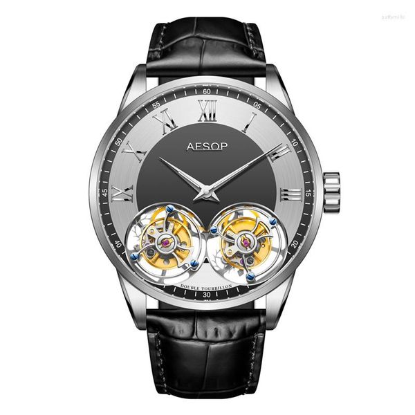 Montres-bracelets AESOP Double Tourbillon hommes montre mécanique manuel étanche saphir lumineux hommes affaires cuir homme Clock2023