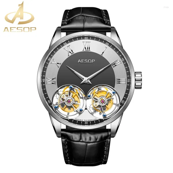 Montre-bracelets Aesop Double Tourbillon Movement Mens Watchs Luxury Flying Sapphire Mécanical Watch for Men Business Skeleton 2024