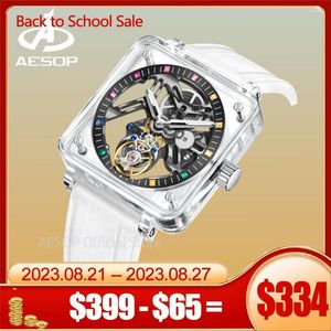 Relojes de pulsera AESOP Flying Tourbillon Esqueleto Mecánico Zafiro Relojes de lujo Reloj impermeable para hombres Movimiento Caja transparente de cristal