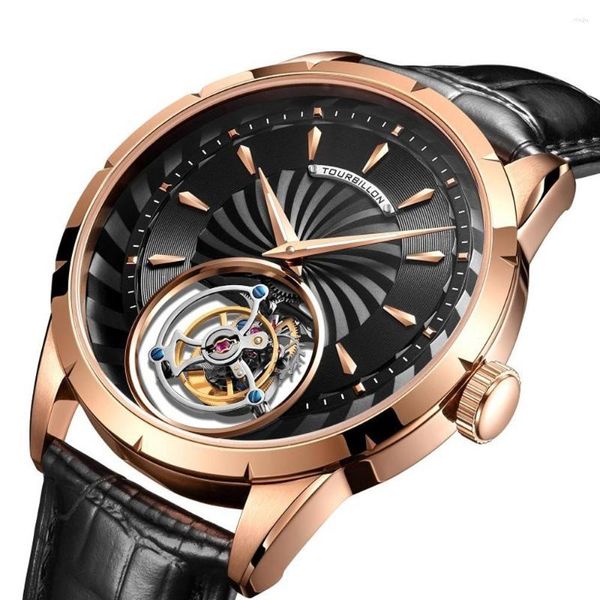 Relojes de pulsera AESOP Flying Tourbillon Skeleton Watch para hombres Mecánico Manual Viento Zafiro Reloj de pulsera impermeable Cuero genuino Masculino