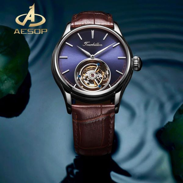 Relojes de pulsera AESOP de lujo de cuero genuino, reloj de negocios para hombres, relojes mecánicos Tourbillon Real, cristal de zafiro resistente al agua