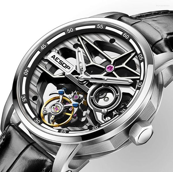 Montre-bracelets Aesop Men Skeleton Tourbillon Manuel Enroulement mécanique MECTIONNELS SAPHIRE VERRE SUPER LUMINE COURNI