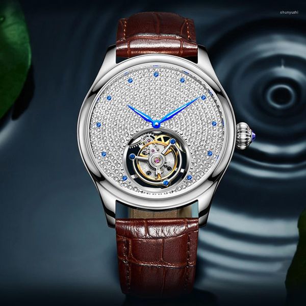 Montres-bracelets AESOP Véritable Tourbillon Volant Montre Pour Hommes Squelette Mécanique Saphir Hommes Montres Diamant Cadran Rose Or Shell