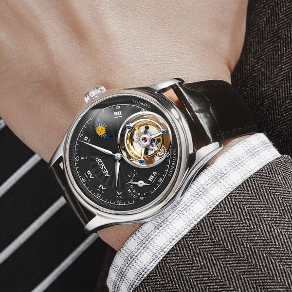 Montres-bracelets AESOP Real Tourbillon Hommes Montres Mécaniques Saphir Verre Calendrier Phase de Lune Multifonctionnel