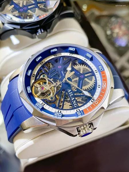 Muñeca de pulsera Ailang Brand Fashion Blue Mechanical Watch for Men Sports Rubber Strap impermeable Skeleton Luxury Tourbillon Relojes para hombres