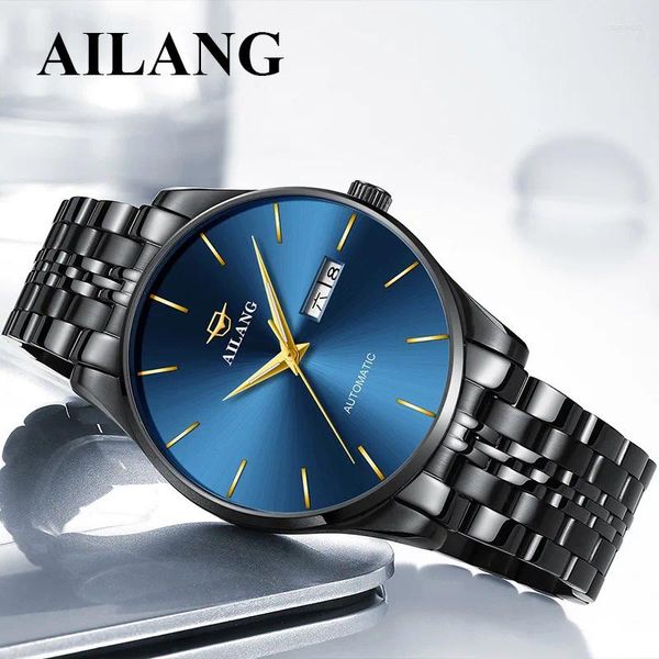 Relojes de pulsera AILANG Marca Moda Reloj de negocios Hombres Correa de acero inoxidable 30M Reloj impermeable Calendario semanal Pantalla Relogio Masculino