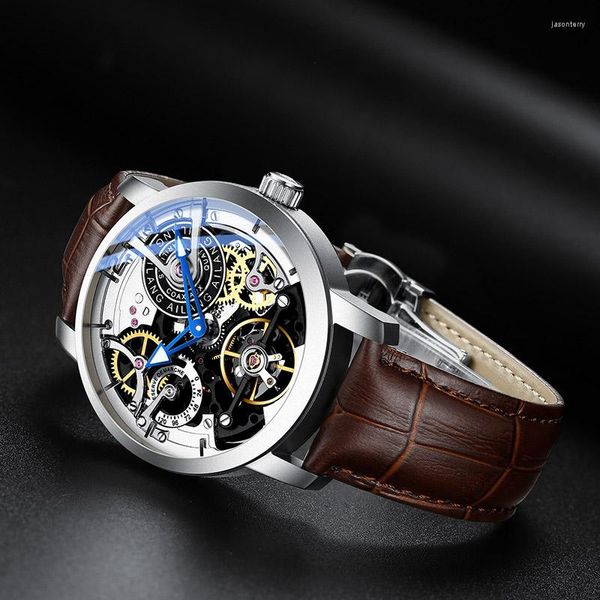 Relojes de pulsera AILANG Moda Tourbillon Hollow Reloj impermeable Hombres Negro Acero completo Luminoso Steampunk Esqueleto Relojes mecánicos para hombre