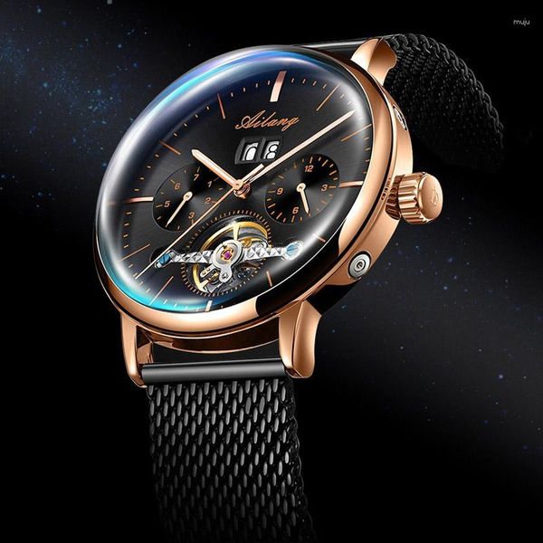 Relojes de pulsera AILANG para hombre, reloj mecánico automático con esqueleto, Tourbillon negro, relojes de acero completo para hombre, reloj Masculino de viento propio