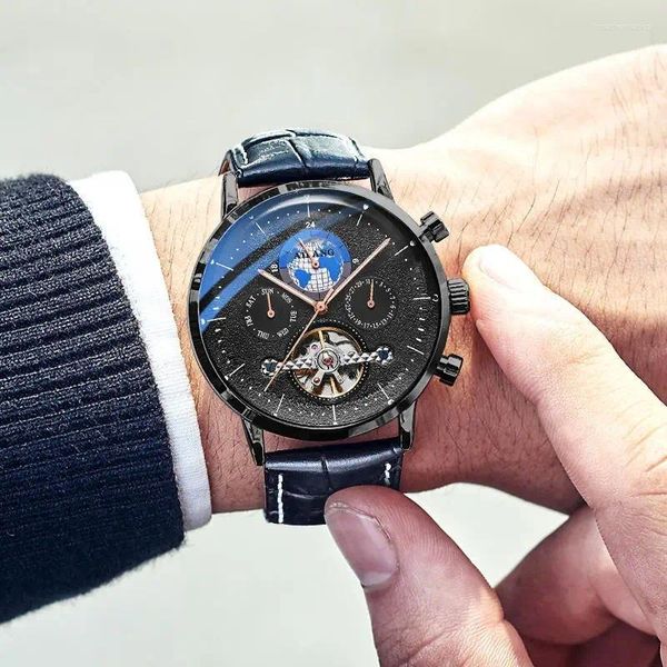 Наручные часы AILANG Tourbillon, мужские модные механические часы с фазой Луны, водонепроницаемые кожаные ремешки