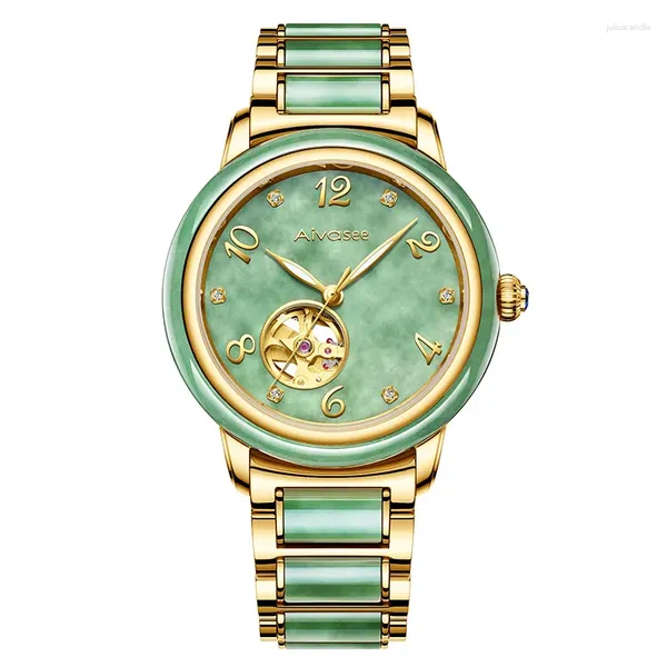 Relojes de pulsera Aivasee Jade Man Watch Full Automático Mecánico Impermeable Hollow Luxury Sappire Glass Reloj de pulsera