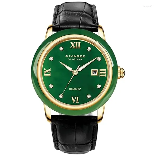 Montre-bracelets Aivasee Luxury Green Jade Watch for Men With Japanese Miyota Quartz Movement Strap en cuir Menti