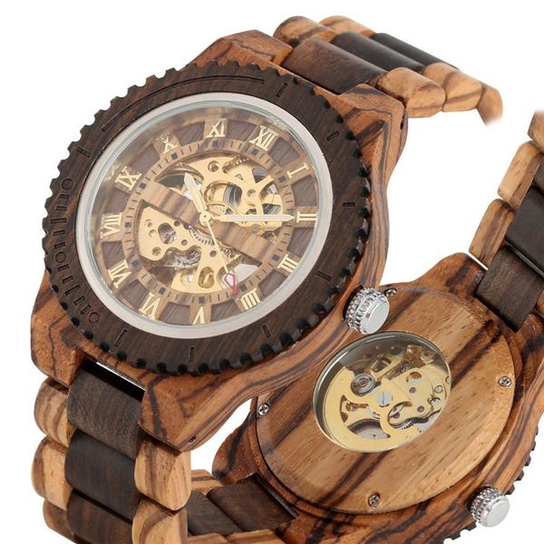 Montres-bracelets Horloge antique Montre-bracelet en bois pour hommes Montre mécanique automatique Montres squelette Affichage du numéro romain Bracelet entièrement naturel