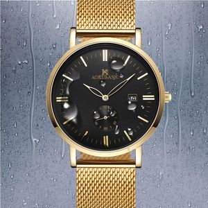 Montres-bracelets AOKULASIC 2021 haut à la mode Ultra mince en acier inoxydable maille bracelet de montre hommes étanche Quartz poignet hommes