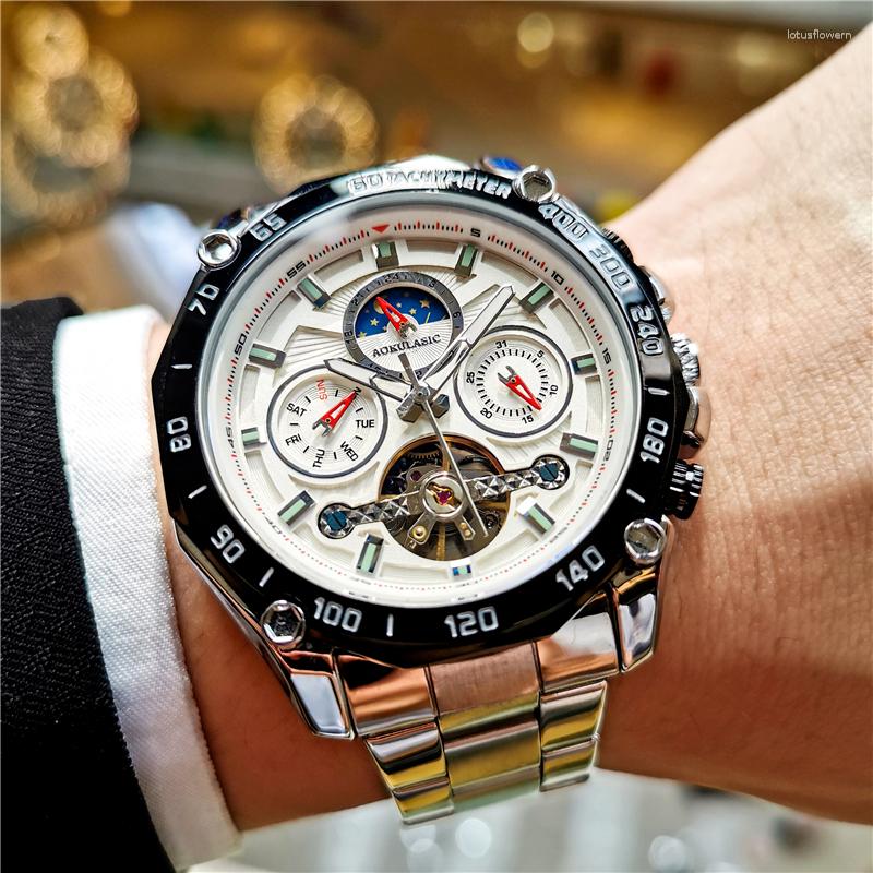 Wristwatches AOKULASIC Male Mechanical Watch Automatic Stainless Steel Tourbillon Watches Moon Phase Sports Wristwatch Waterproof Clock