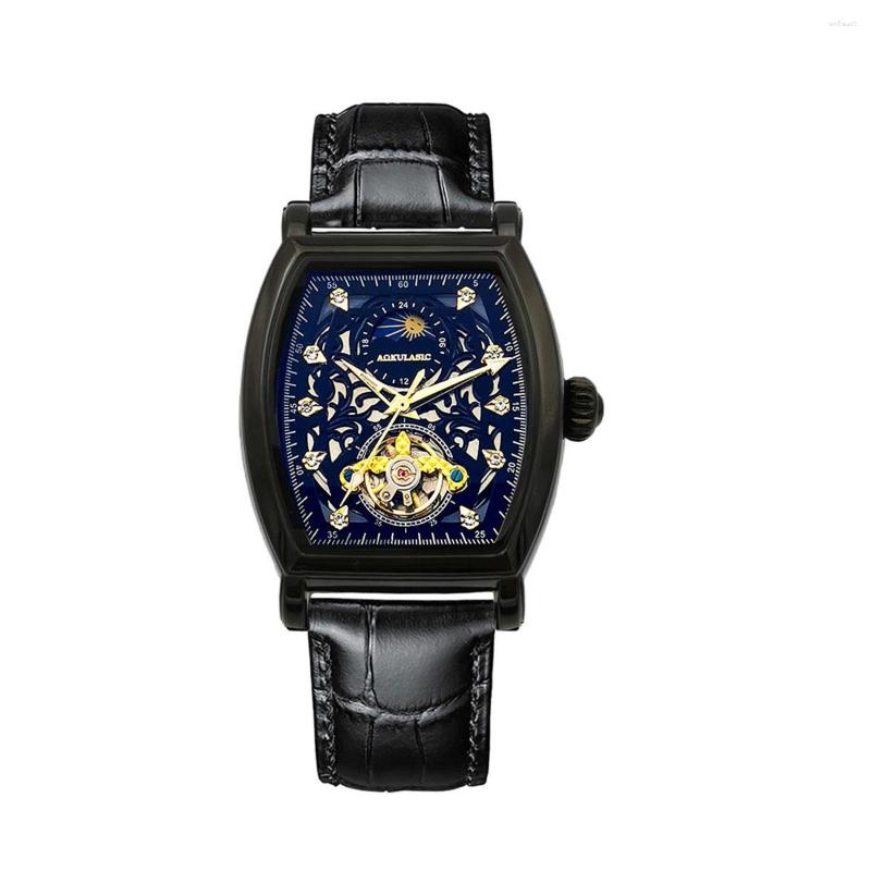 Relógios de pulso Aokusaic Mechanical Watch Relógio de moda masculina Relógio de relógio de relógio automático Design de couro Relógio à prova d'água 2023