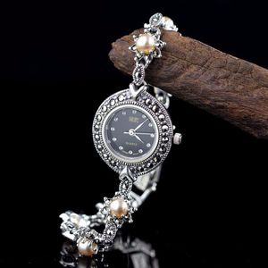 Polshorloges Aankomst Limited Edition S925 Pure Silver Watch Natural Pearls Lady Thai Bracelet Fine Jewelry Rhinestone Bangle Watchwristwatch