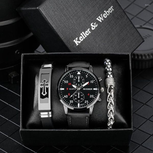 Montres-bracelets arrivées montre pour hommes Bracelet de luxe ensemble mode cuir noir montres à Quartz pour homme coffret cadeau Relogio Masculino