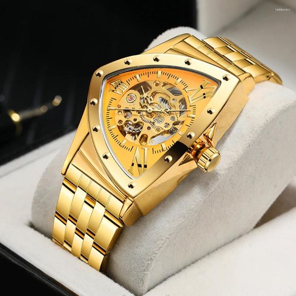 Les montres-bracelets arrivent en acier inoxydable en inoxydable imperméable pour hommes Triangle Squelette montres Sport mécanique transparent
