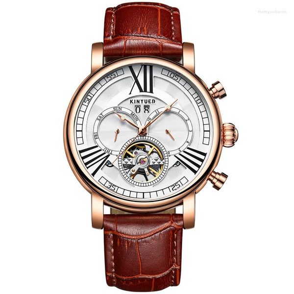 Montres-bracelets authentiques Jinyueda KINYUED Tourbillon automatique mode montre en cuir hommes creux mécanique hommes montres