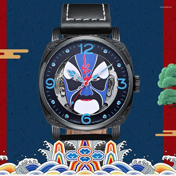 Relojes de pulsera mecánicos automáticos para hombre, reloj luminoso con puntero de esfera, cambio de cara de Drama chino, esqueleto cuadrado, grabado de calavera para hombre