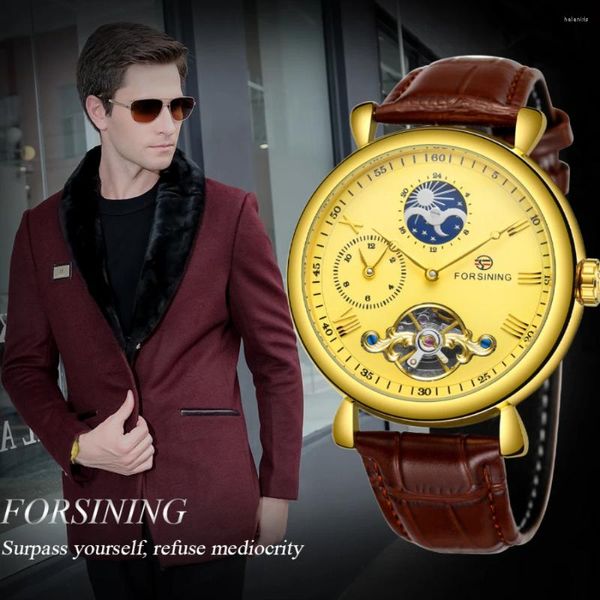 Montre-bracelets Automatique mécanique Watch Men's Classic Dress Tourbillon Skeleton Montres Brown Génine en cuir sangle Moon Phase