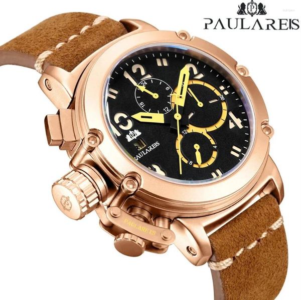 Montre-bracelets Watch Automatic pour hommes Mouvement mécanique authentique en cuir brun multifonction Mois de bateau rose bronze u giv tourbillon