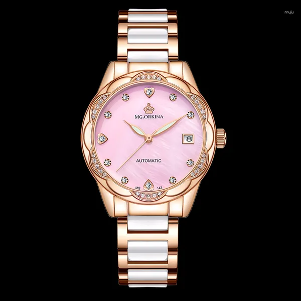 Montres-bracelets montre automatique pour femmes Date mécanique luxe perle mère diamant éléments dames robe 2023