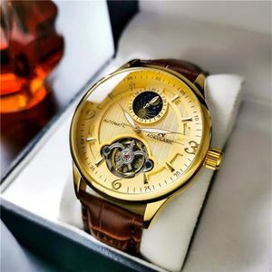 Horloges Automatisch Horloge Heren Gouden Waterdicht Mechanisch Horloge Maanfase Casual Lederen Tourbillon Klok Montre194j