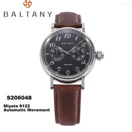 Horloges Baltany Horloge met mono-pusherfunctie 9122 Auto S6048 Weekmaand verhardingsproces MOP-wijzerplaat Lederen retro-jurkhorloge S206048