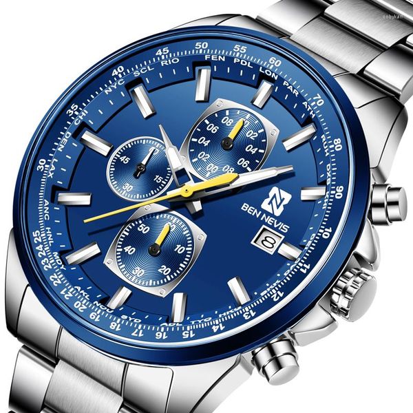 Relojes de pulsera BEN NEVIS 2023 Hombres Cuarzo Moda Azul Relojes Plata Banda de acero inoxidable Calendario Pantalla Negocios