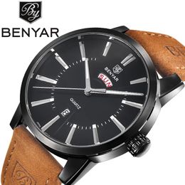 Polshorloges Benyar 5101 Men Sport Watches Heren Quartz Clock Man Army Militaire Leather Leather Pols Watch Date Relogio Masculino in Gift Box